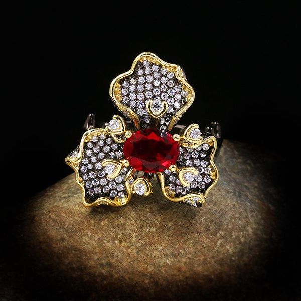 

elegant lady's jewelry black gold two-tone flower with red diamond ladies ring attending cocktail party 925 silver cluster rings, Golden;silver