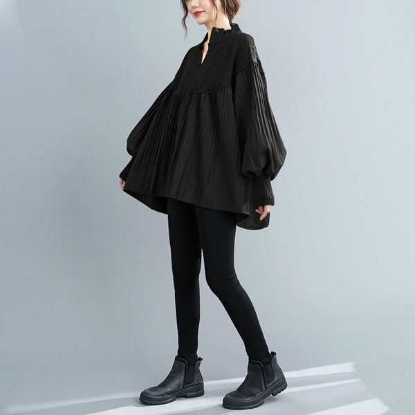 

spring korea style loose shirt v neck black knitted patchwork shirt for women long sleeve shirt blusas 210421, White