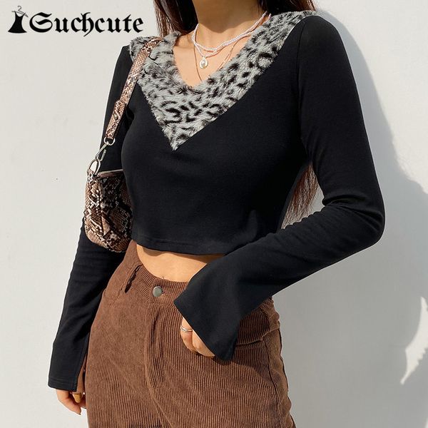 

women's t-shirt leopard fur trim v-neck goth aesthetic black long sleeve shirt autumn streetwear skinny crop m12r, White