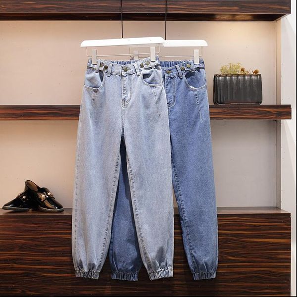 

large size autumn loose women jeans high waist elastic ankle length denim pants ladies beam feet hallen 5xl 195, Blue