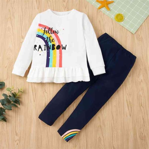 Arrivo Autunno e Inverno Home Wear 2 pezzi Baby Toddler Girl Rainbow Letter Print Ruffle Top Solid Leggings Set 210528