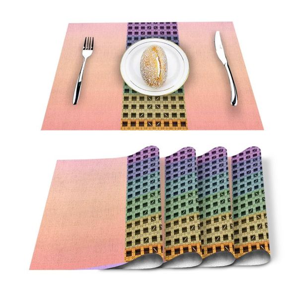 

table runner 4/6pcs gradient rainbow building kitchen placemat set dining mats cotton linen pad bowl cup mat home decor