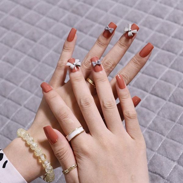 

false nails fake medium and long pumpkin color nail stickers finished 24 with glue accesorios, Red;gold