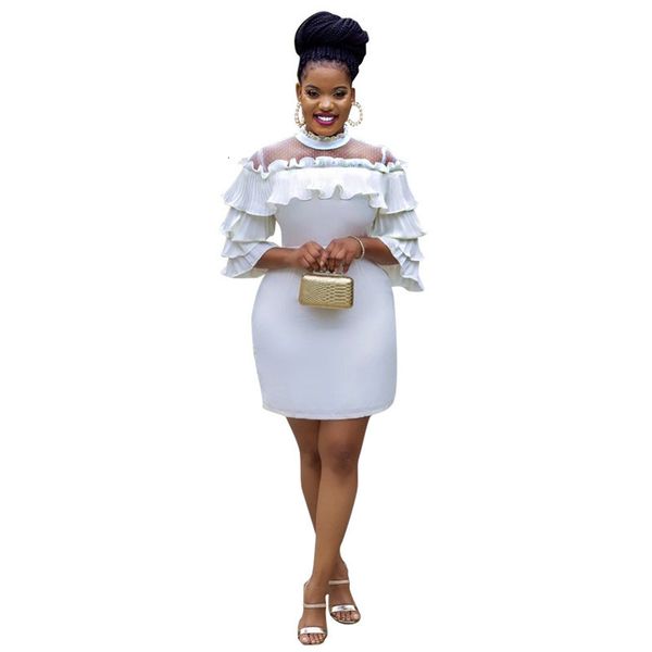 

casual fashion autumn womens white color ruffle high neck slim mesh patchwork bodycon dresses women designer clothes, Black;gray