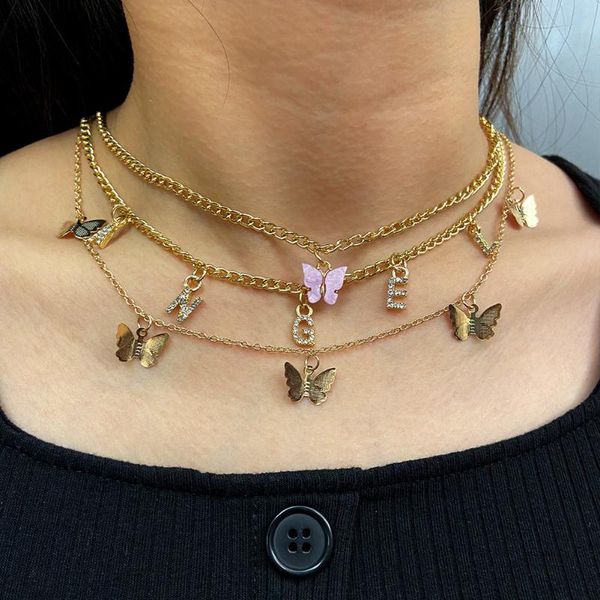 

chains fashion golden multilayer acrylic butterfly metal angel letter pendant necklace for woman bling animal collar jewelry, Silver