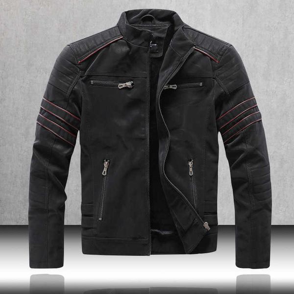 

winter vintage leather jacket men warm slim fit motorcycle pu zipper biker jacket casual leather coats mens clothing 210603, Black