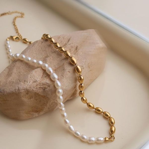 

chokers 18k gold filled freshwater pearl stitching beads temperament choker delicate charm ins jewelry, Golden;silver