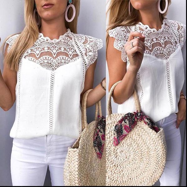 

summer and lace women shirt patchwork sleeveless solid blusas roupa feminina, White