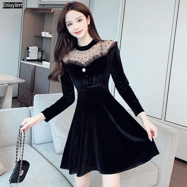 

women 2021 year winter spring patchwork sheer mesh dot french black elegant party mini velvet dress 587 casual dresses, Black;gray