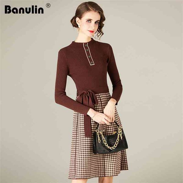 

autumn winter elegant sashes knitted dress women long sleeve knit plaid patchwork sweater office lady casual midi 210603, Black;gray