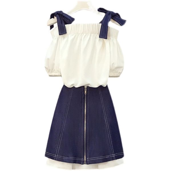 

4xl plus size fashion women's suit chiffon one-shoulder blouse looks thin + two-piece skirt 210520, White