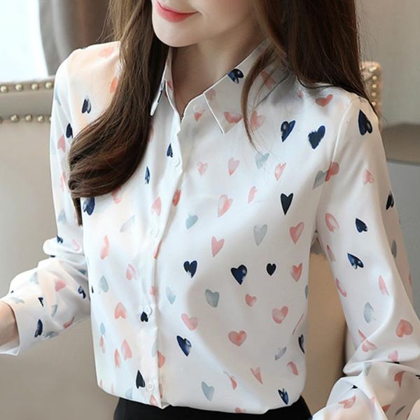 

blusas mujer de moda 2021 blouse women long sleeve print chiffon shirt blouses turn down collar office b952 women's & shirts, White
