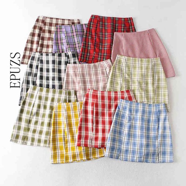 

summer blue plaid skirts womens vintage mini skirt pencil high waist skirt casual ladies faldas mujer 210430, Black