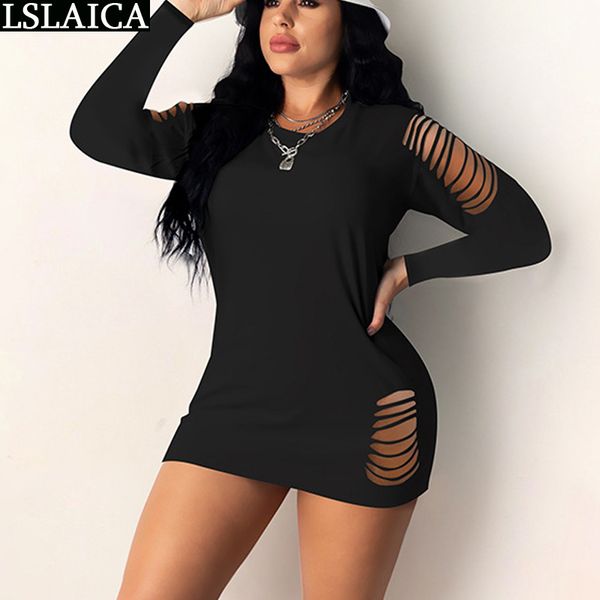 

plus size long sleeve summer dress solid hook flower hollow fashion casual women's es oneck mini party for girls 210520, Black;gray