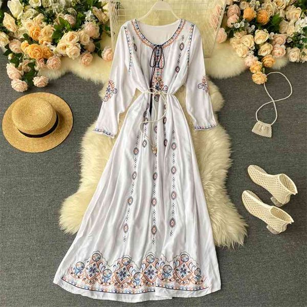 

women's dress bohemian ethnic style long summer embroidery flower o-neck lacing waist holiday beach y1011 210507, Black;gray