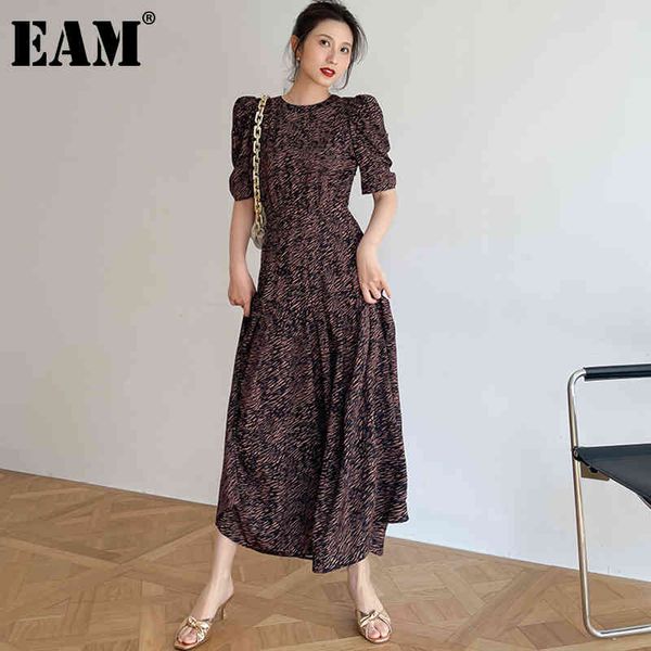 

[eam] women print ruffle slim elegant dress round neck half puff sleeve loose fit fashion spring summer 1dd8106 210512, Black;gray