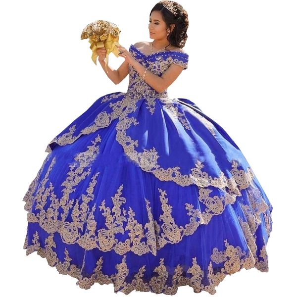 

2022 royal blue gold applique quinceanera dresses ball gown puffy off the shoulder for women lace-up sweet 16 prom girls, Blue;red