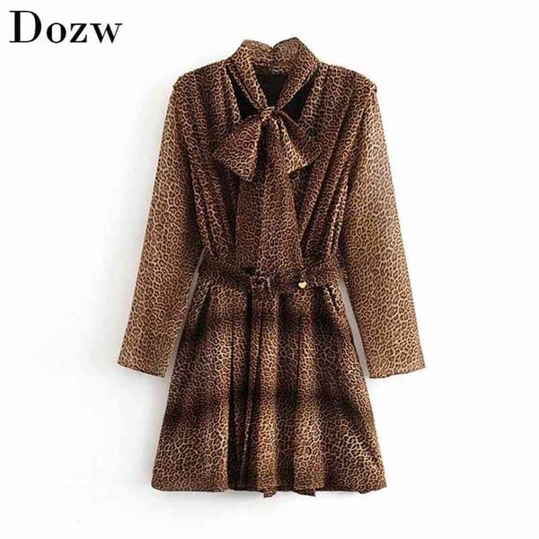 Moda Lama Leopardo Mini Vestido Bow Laço Colarinho Manga Longa Streetwear Vestidos Atadura Plissada High Street Sundresses Robe Femme 210515