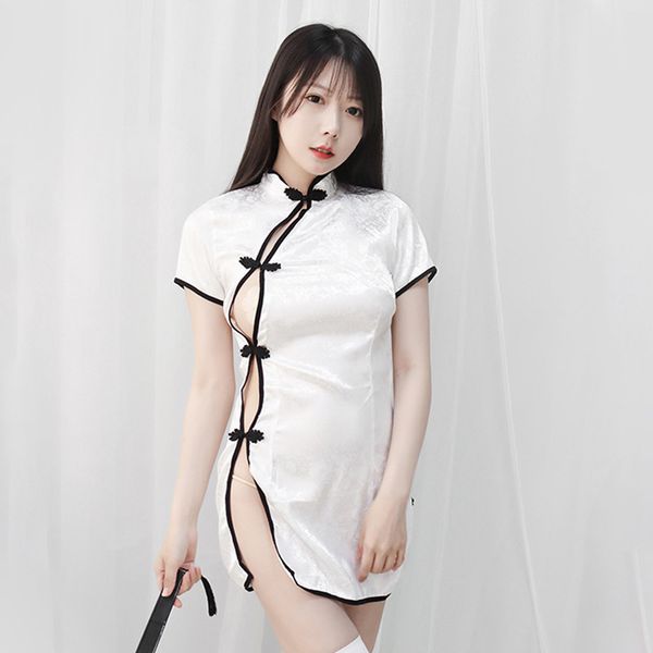 

set lingerie ladies retro cheongsam female students high slit uniform temptation to show their figure, Black;white