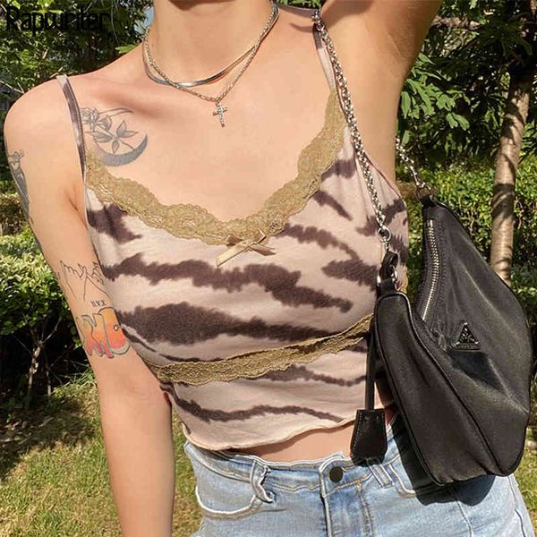 

summer tiger skin print strap crop women vintage patchwork lace cami tees ladies fashion 90s streetwear tank rapwriter 210415, White