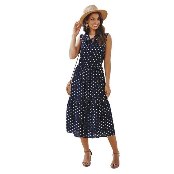 

summer dress women stylish sleeveless lace up v neck polka dot print waist tight midi robe femme women's clothing 2021 casual dresses, Black;gray