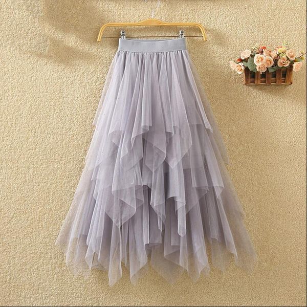 

elastic high waist solid womens skirt irregular mesh tulle elegant long summer autumn, Black