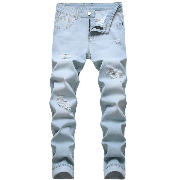 

men's wear hole straight tube slim jeans tattered light elastic pants, Blue