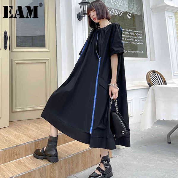 

[eam] women black big size zipper pocket dress round neck half sleeve loose fit fashion spring summer 1dd8118 210512, Black;gray