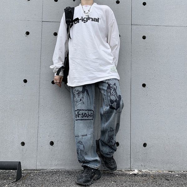 

harajuku standard moon sailor print woman streetwear washed vintage loose pants wide legged man graffiti jeans, Blue