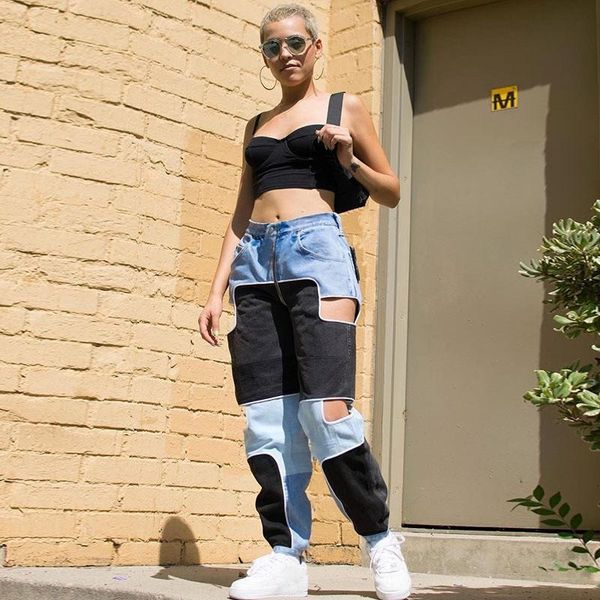 

women's pants & capris fashion hollow out harem women streetwear zipper patchwork high waist casual loose trousers, Black;white