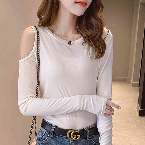 

women's t-shirt shintimes off shoulder tee femme autumn korean clothes o-neck slim t women long sleeve vetements a5ai, White