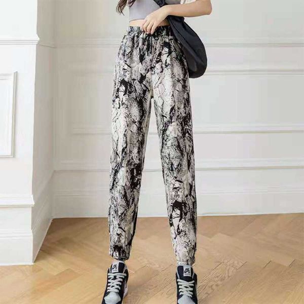 

2021 letter waist ice snow silk ink painting harem pants summer thin high elastic loose fashion casual pants women, Black;white