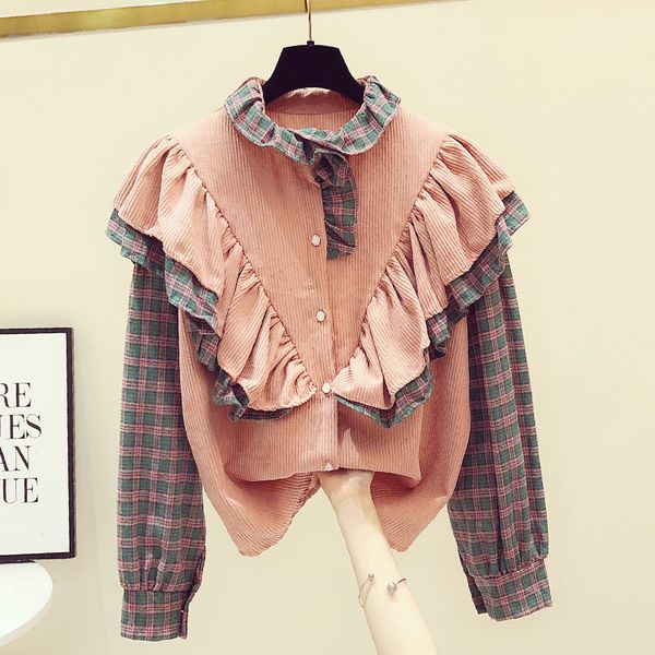 

autumn fashion women's ruffles patchwork plaid shirt long sleeves blouses shirts a4386 210428, White