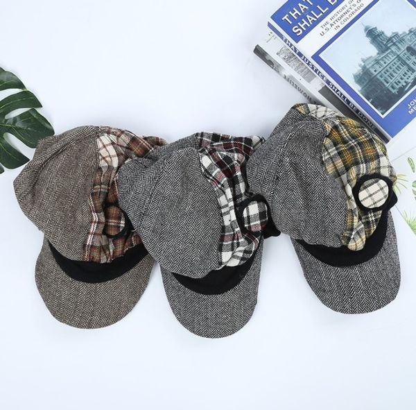 

fashionable british hat color matching retro short brim beret, Blue;gray