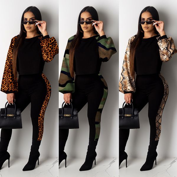 

women's two piece pants designer womens 2 tracksuits leopard print snake sideline sportswear loungewear lantern sleeve pullover crop e, White