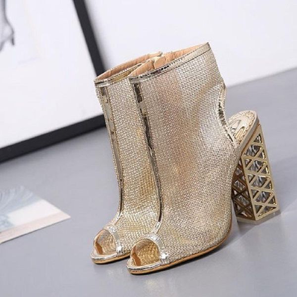 

fish mouth hollow mesh high heel crystal thick with women sandals fashion sandals., Black