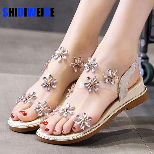 

women sandals boho style summer shoes for flat beach 2021 crystal flowers bling chaussures femme 35-40 ac901, Black
