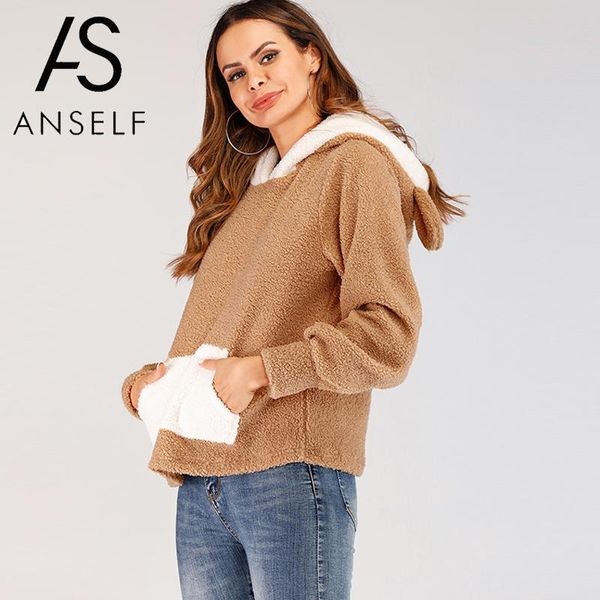 

women's hoodies & sweatshirts anself hooded pullover with ear women sweatshirt fluffy faux fur pockets cap long sleeve streetwear, Black