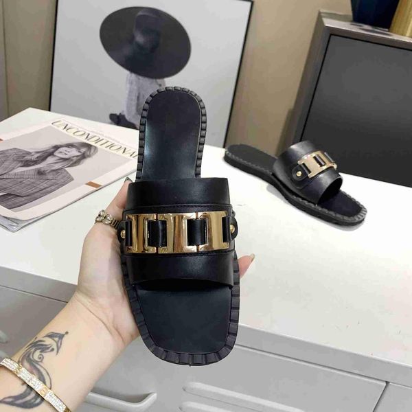 

2021 r women slippers fashion summer ladies metal chain flats slides woman sandals with box, Black