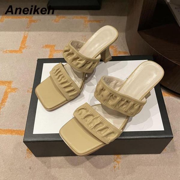 

aneikeh fashion mid thin heels daily outside slippers summer square open toe shoes pu pleated sandalias de las mujeres 2021, Black