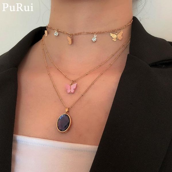

3pcs/set goth butterfly necklace cuban link chain crystal charm choker pedant for women clavicle collar pendant necklaces, Silver
