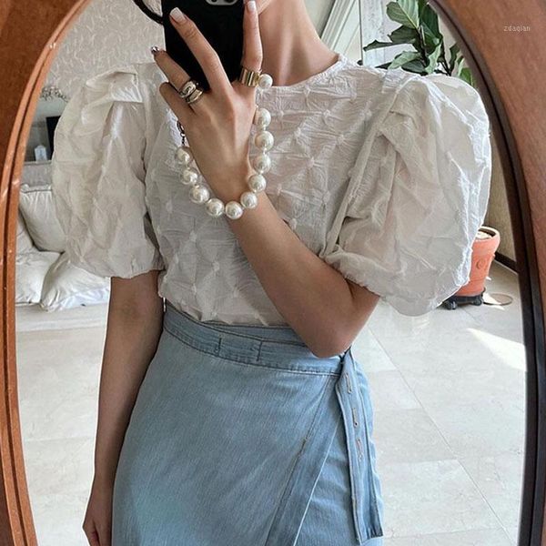 

women's blouses & shirts korean o neck elegant woman shirt summer 2021 loose puff sleeve pleated blouse women fashion casual lady blus, White