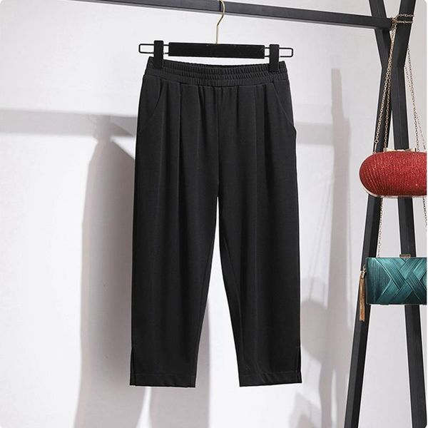 

women's leggings summer plus size 4xl-8xl fashion cropped trousers with loose casual pockets, open seams and high waist, Black