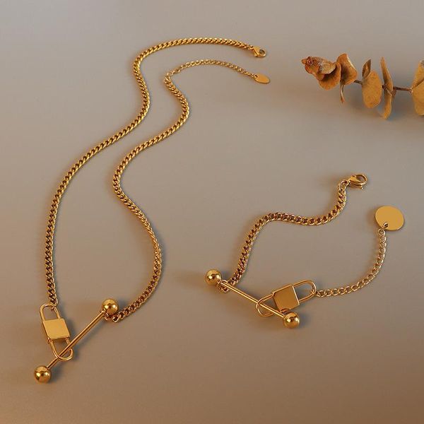 

pendant necklaces smooth lock choker necklace & bracelet 18k gold plated titanium steel light luxury female jewelry set, Silver