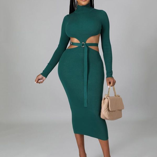 

casual dresses turtleneck long sleeve dress solid color autumn women tight hollow out backless night club party midi female, Black;gray