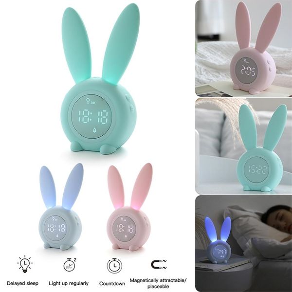 Despertador digital de forma de coelho bonito portátil com luz de noite led som luz recarregável relógios de parede para decoração de casa 210804