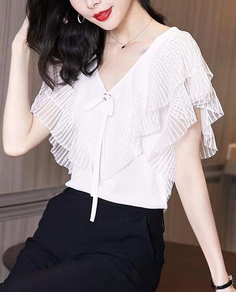 

women's blouses & shirts 2021 summer western style age-reducing short-sleeved chiffon shirt niche street fried chic ruffled blouse wome, White