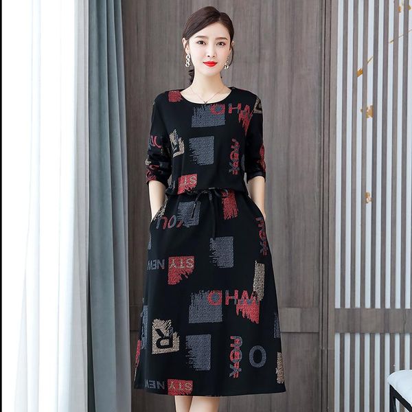 

casual dresses shirts dress 2021 spring autumn draw string bohemian vintage print women loose mid-calf pullover harajuku, Black;gray