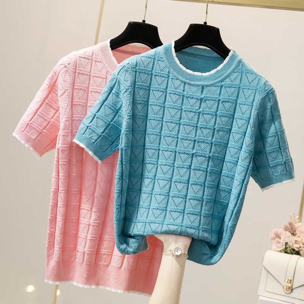 

l-4xl plus size women hollow out kint sweater loose casual short sleeve o neck oversized summer thin pullover jumper 210604, White;black