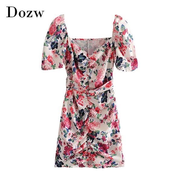 

women fashion floral print mini dress bodycon beach dress with belt puff short sleeve chic dress summer vestido de festa 210414, Black;gray
